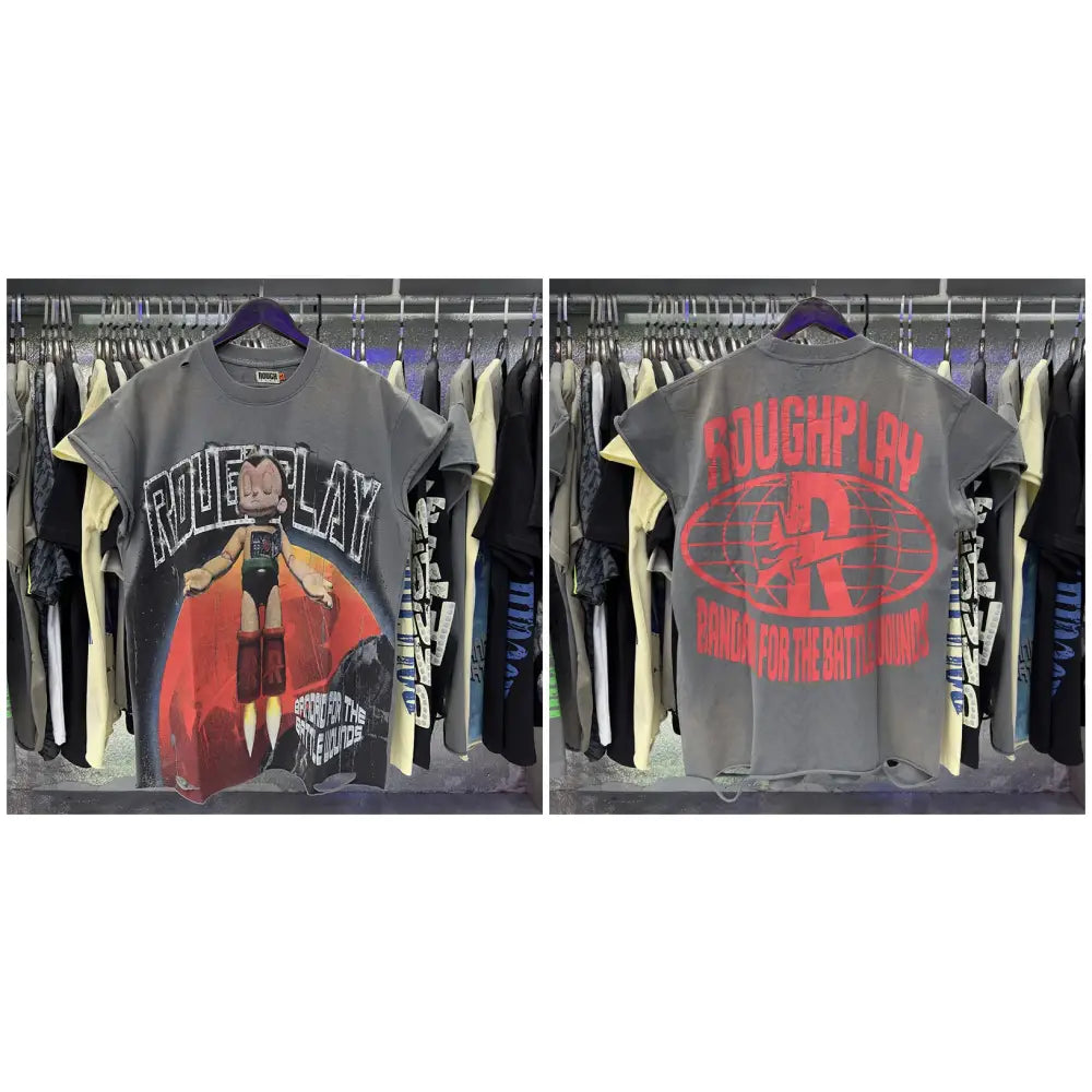 Gray oversized loose cotton t-shirt with rhinestone print featuring rough play graphic and distressed fabric texture