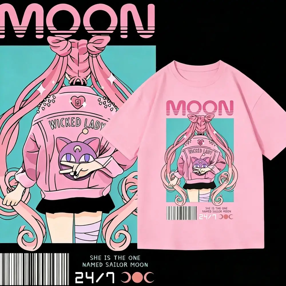 Pink short-sleeved sailor moon graphic tee featuring moon graphic and wicked lady text in a unisex loose fit design