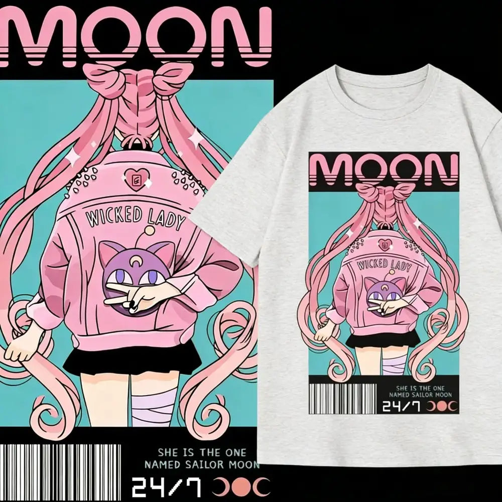 Light gray cotton unisex loose fit sailor moon graphic tee featuring vibrant pink and teal wicked lady jacket design