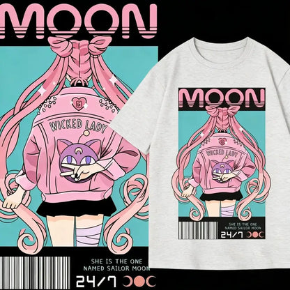 Light gray cotton unisex loose fit sailor moon graphic tee featuring vibrant pink and teal wicked lady jacket design