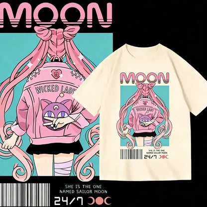 Cream-colored short-sleeve unisex loose fit t-shirt with vibrant pink sailor moon graphic and moon wicked lady text