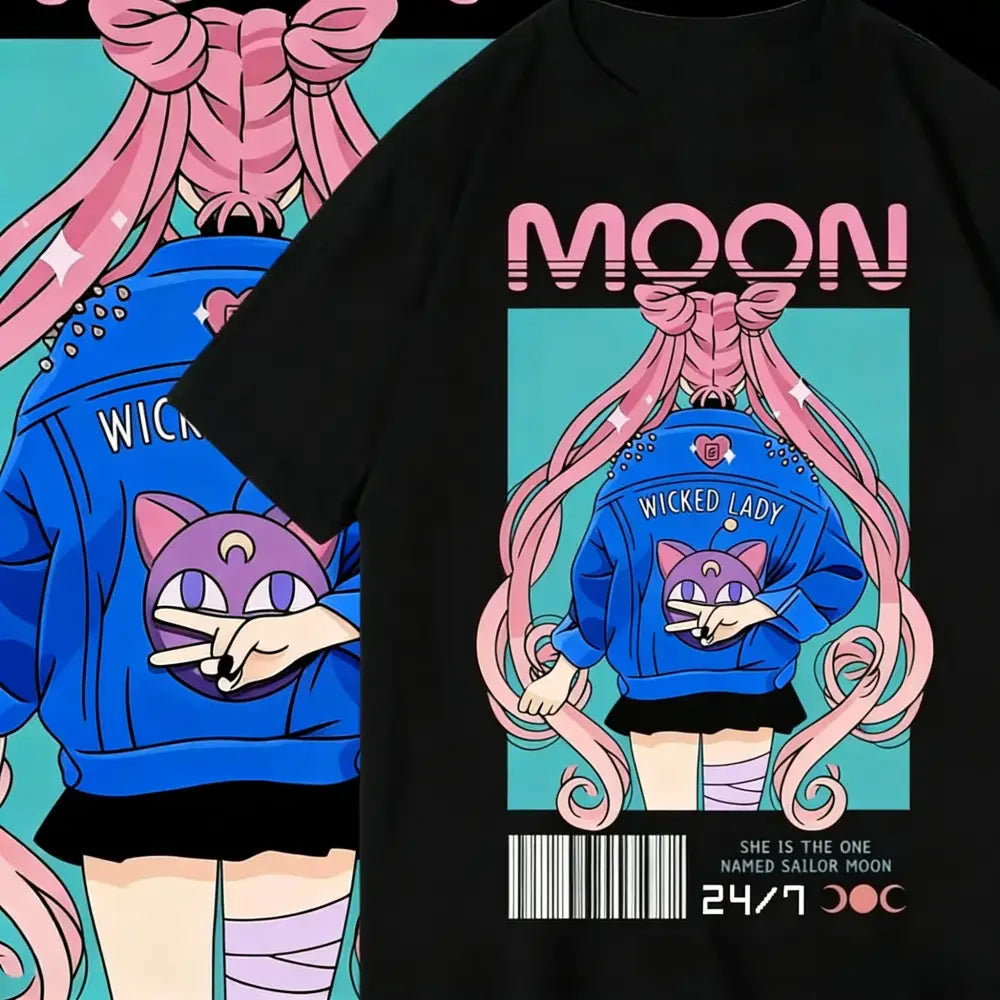 Black unisex loose fit t-shirt featuring a vibrant sailor moon graphic with pink hair and a blue wicked lady hoodie