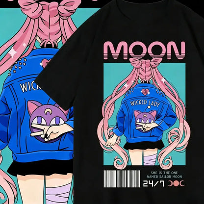 Black unisex loose fit t-shirt featuring a vibrant sailor moon graphic with pink hair and a blue wicked lady hoodie