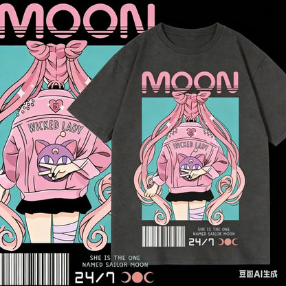 Dark gray cotton unisex loose fit t-shirt with vibrant pink and teal sailor moon graphic in wicked lady outfit moon graphic tee