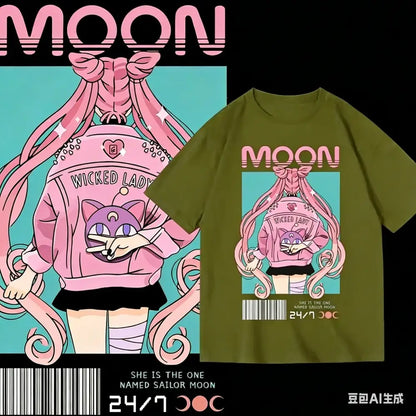 Olive green unisex loose fit t-shirt with pink sailor moon graphic tee featuring moon and wicked lady text