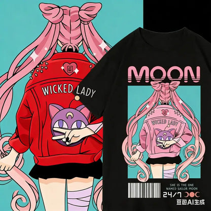 Black unisex loose fit t shirt with sailor moon graphic print featuring pink hair and moon text above the design