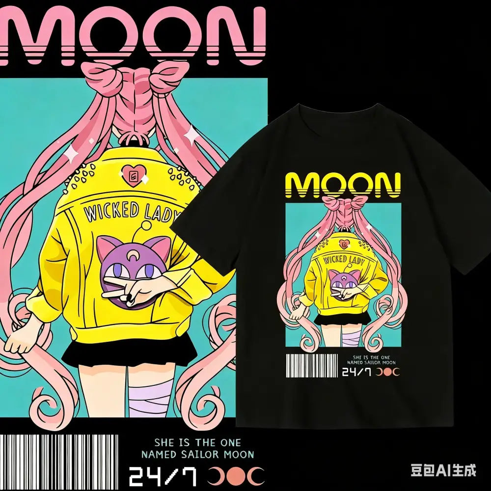 Black short-sleeved sailor moon graphic tee with vibrant moon graphic of sailor moon in yellow jacket and purple cat