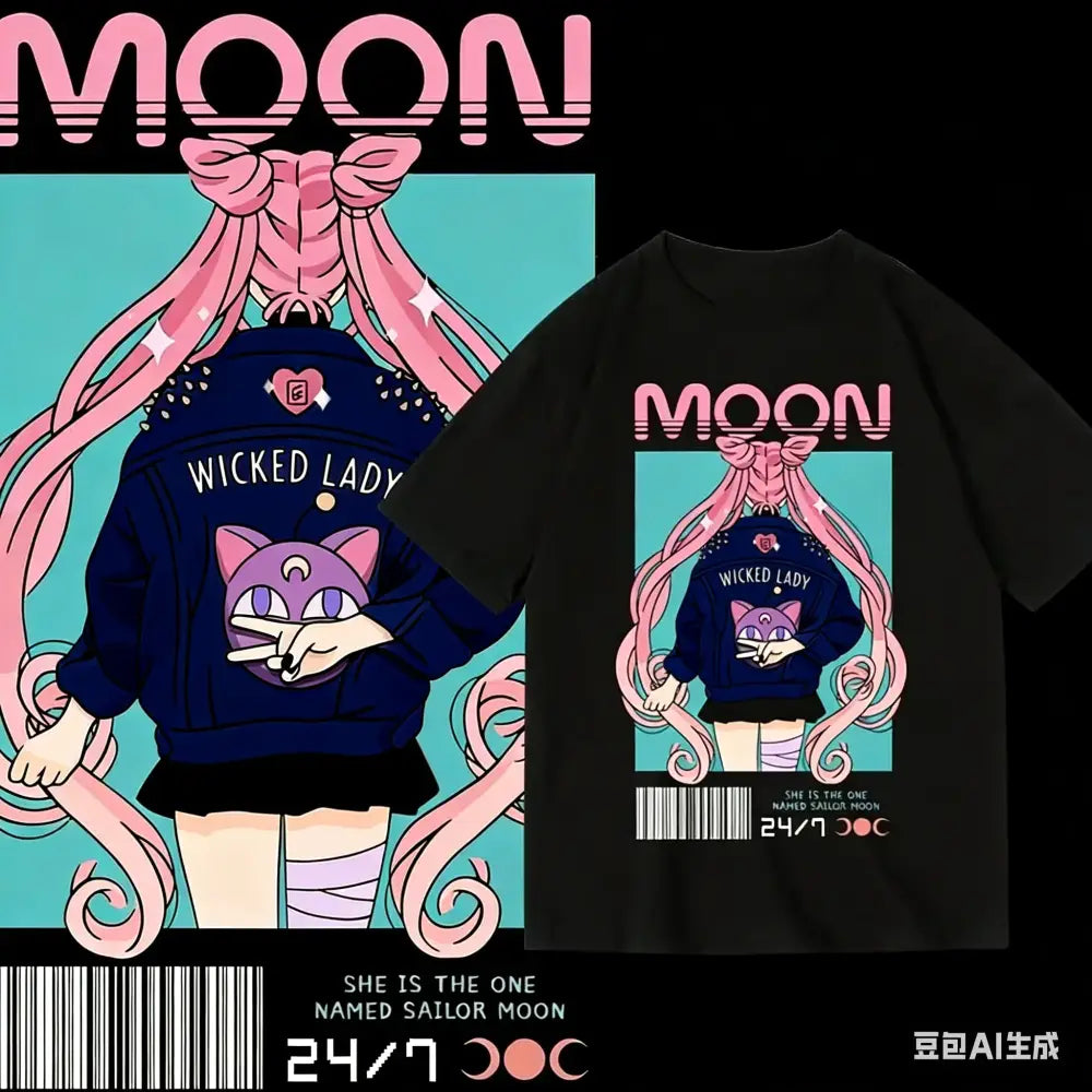 Black short-sleeved unisex loose fit sailor moon graphic tee featuring wicked lady moon graphic with pink hair and navy jacket
