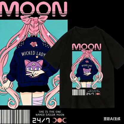 Black short-sleeved unisex loose fit sailor moon graphic tee featuring wicked lady moon graphic with pink hair and navy jacket