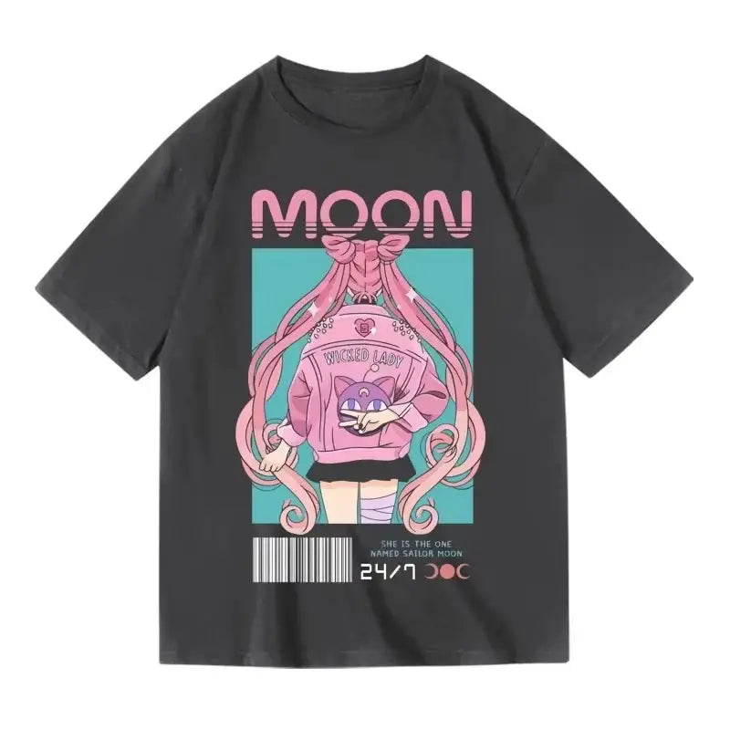 Black short-sleeved unisex loose fit t-shirt with vibrant pink sailor moon graphic and moon text for casual wear