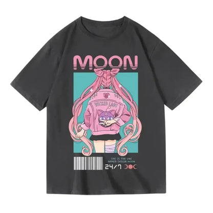 Black short-sleeved unisex loose fit t-shirt with vibrant pink sailor moon graphic and moon text for casual wear