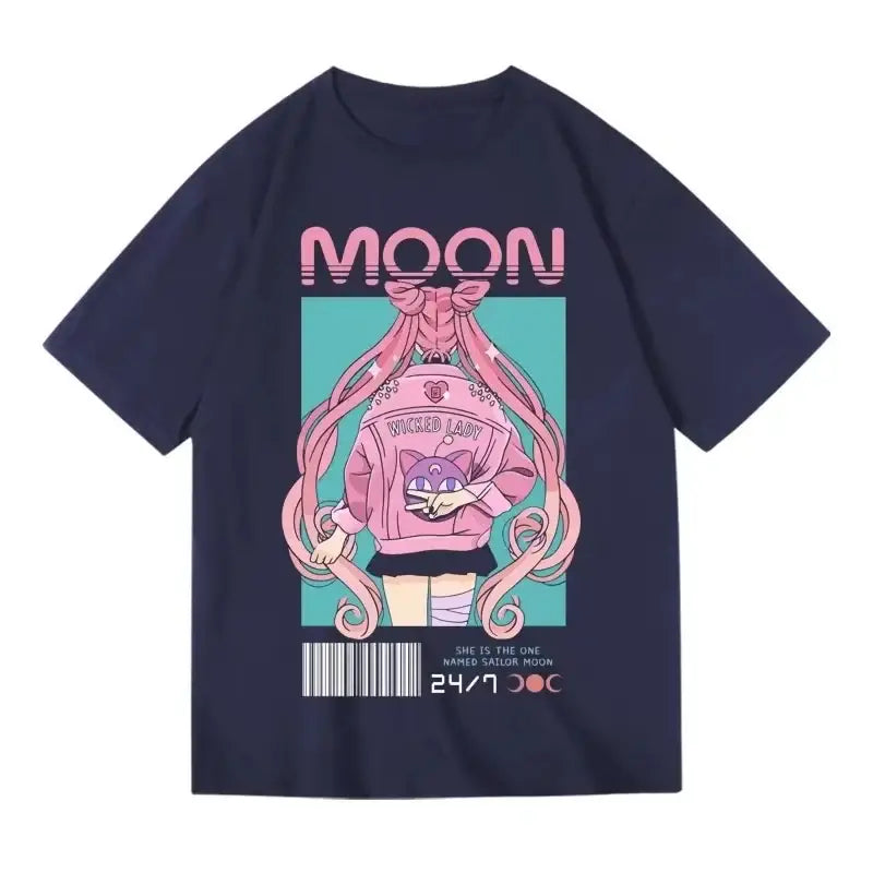 Dark navy blue unisex loose fit sailor moon graphic tee featuring vibrant sailor moon in pink jacket and moon print