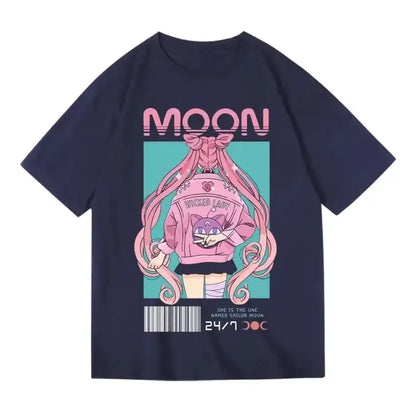 Dark navy blue unisex loose fit sailor moon graphic tee featuring vibrant sailor moon in pink jacket and moon print