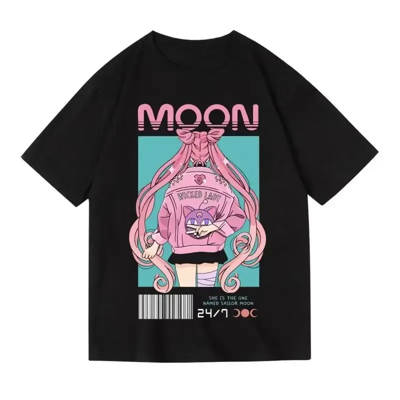 Black short-sleeved unisex loose fit t-shirt featuring a vibrant sailor moon graphic and pink moon lettering on teal background