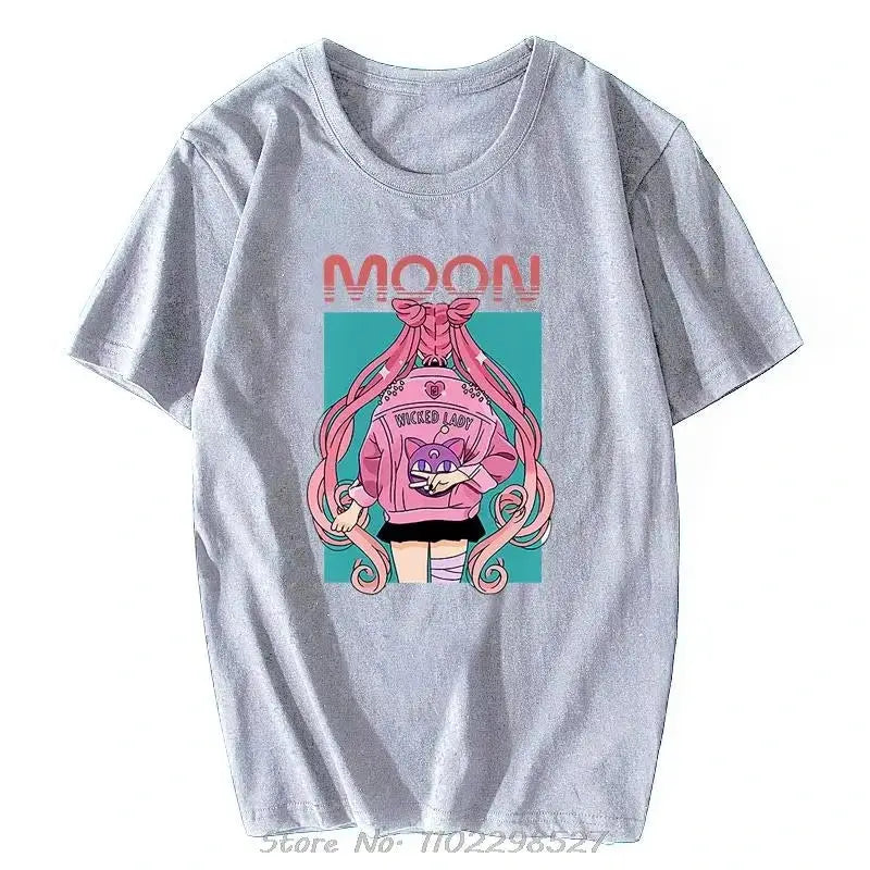 Gray short-sleeved unisex loose fit t-shirt with colorful sailor moon graphic in wicked lady outfit and matching hoodie