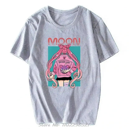 Gray short-sleeved unisex loose fit t-shirt with colorful sailor moon graphic in wicked lady outfit and matching hoodie