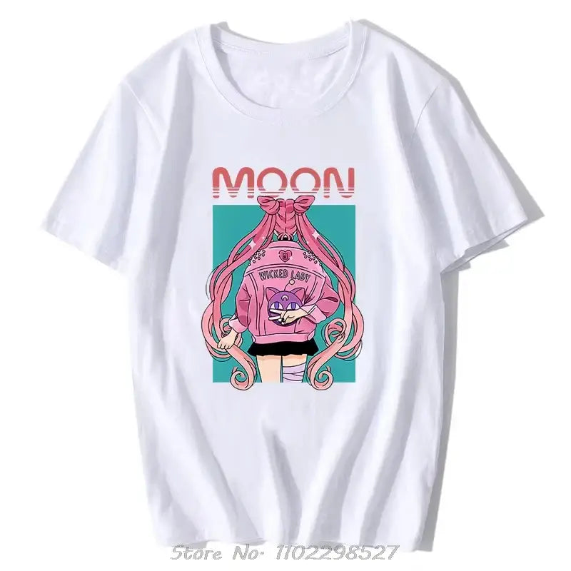 White cotton unisex loose fit sailor moon graphic tee with pink-haired anime character and moon graphic print