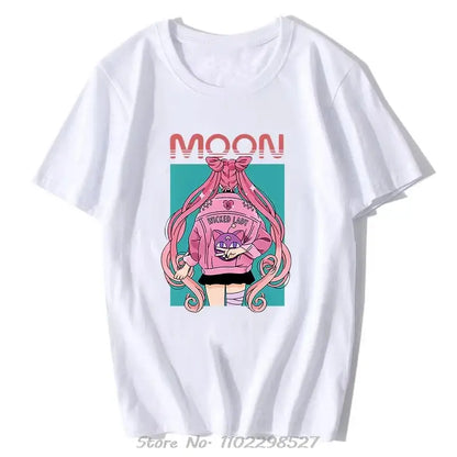 White cotton unisex loose fit sailor moon graphic tee with pink-haired anime character and moon graphic print
