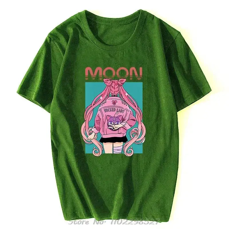 Green cotton sailor moon graphic tee featuring a pink anime character and orange moon text in a unisex loose fit style