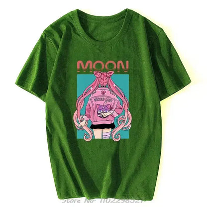 Green cotton sailor moon graphic tee featuring a pink anime character and orange moon text in a unisex loose fit style