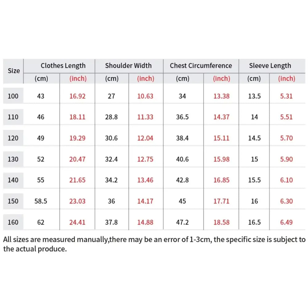 Size chart for sailor moon graphic tee showing measurements in cm and inches for sizes 100 to 160 unisex loose fit