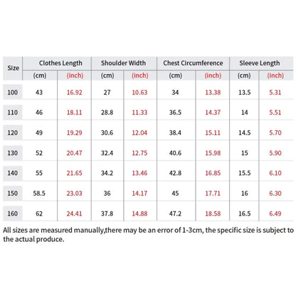 Size chart for sailor moon graphic tee showing measurements in cm and inches for sizes 100 to 160 unisex loose fit