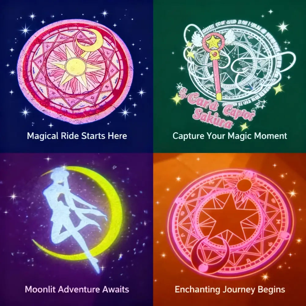 Pink and gold magical circle with star and crescent moon design on sailor moon car door anime projector led light