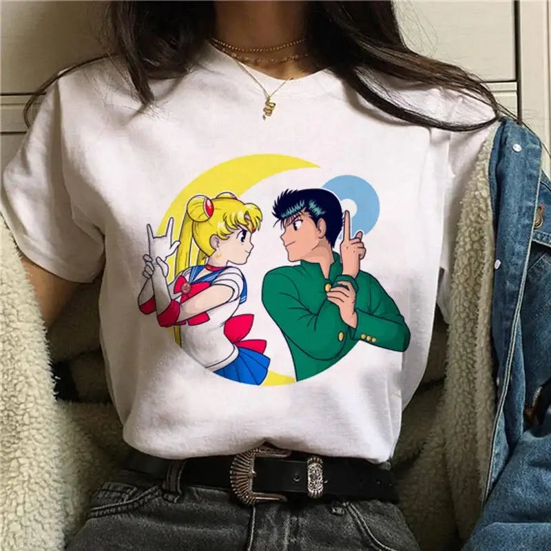 White cotton short sleeve graphic tee featuring colorful sailor moon and yu yu hakusho characters with crescent moon design