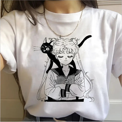 White cotton short sleeve graphic tee featuring black ink sailor moon illustration with her cat luna