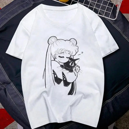 White cotton short sleeve graphic tee featuring black ink sailor moon hugging her cat luna illustration