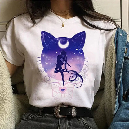 White cotton short sleeve graphic tee featuring vibrant purple and pink sailor moon inside a cat-shaped galaxy design