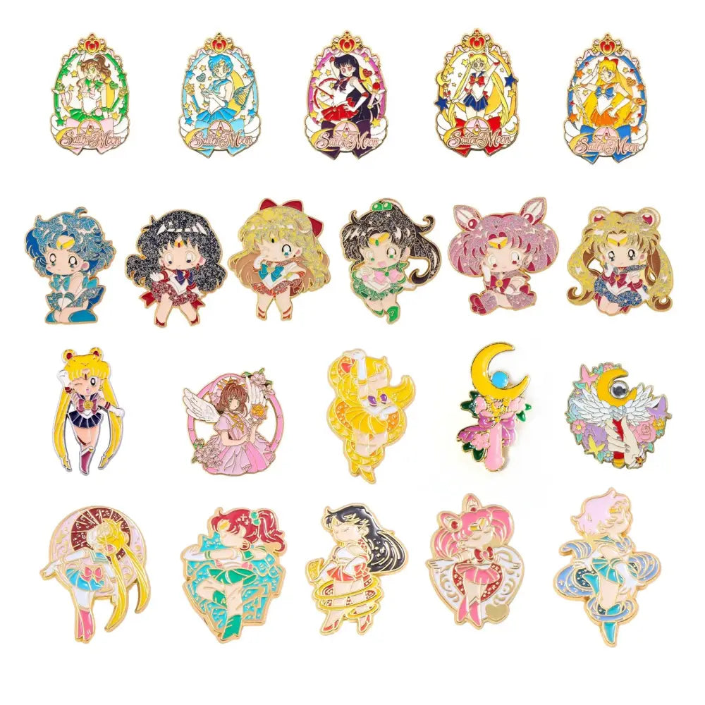 Collection of colorful sailor moon enamel keychain and brooch pin featuring usagi in various outfits and poses