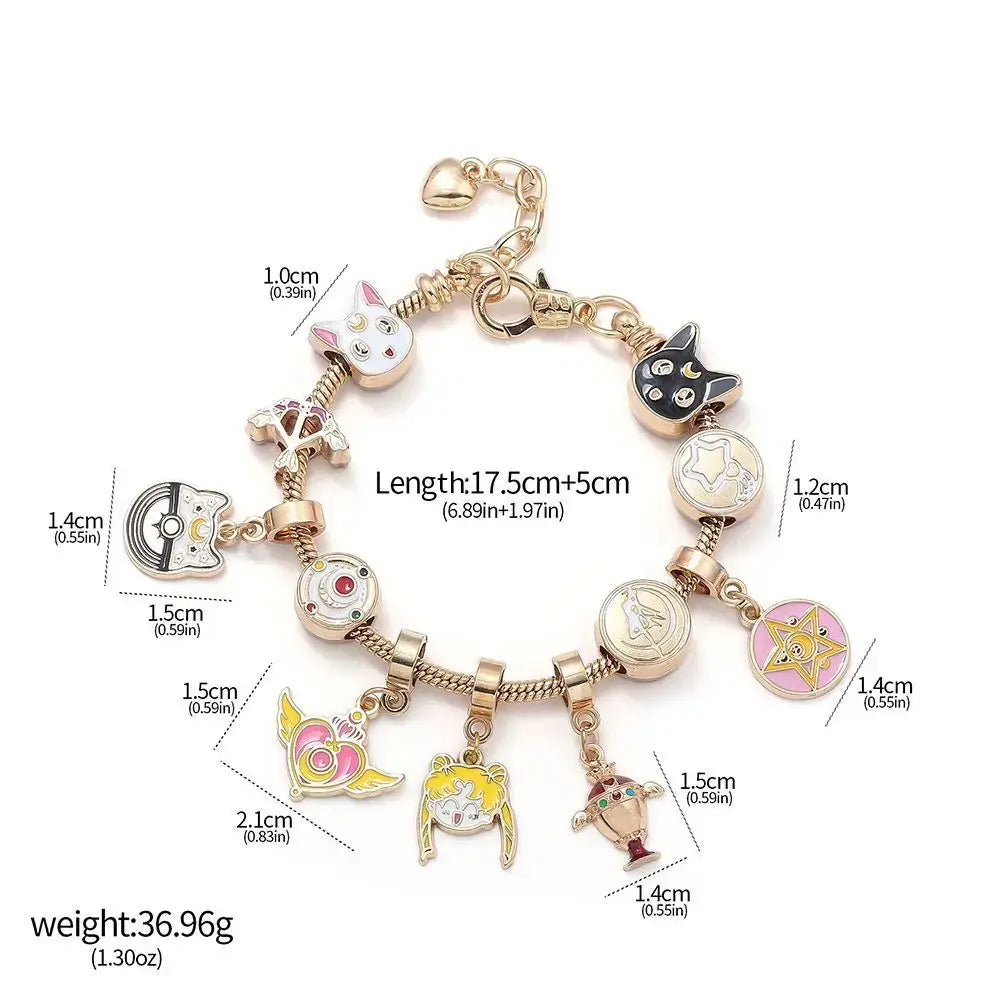 Gold-toned enamel keychain bracelet featuring colorful sailor moon characters cats and stars for cosplay jewelry use