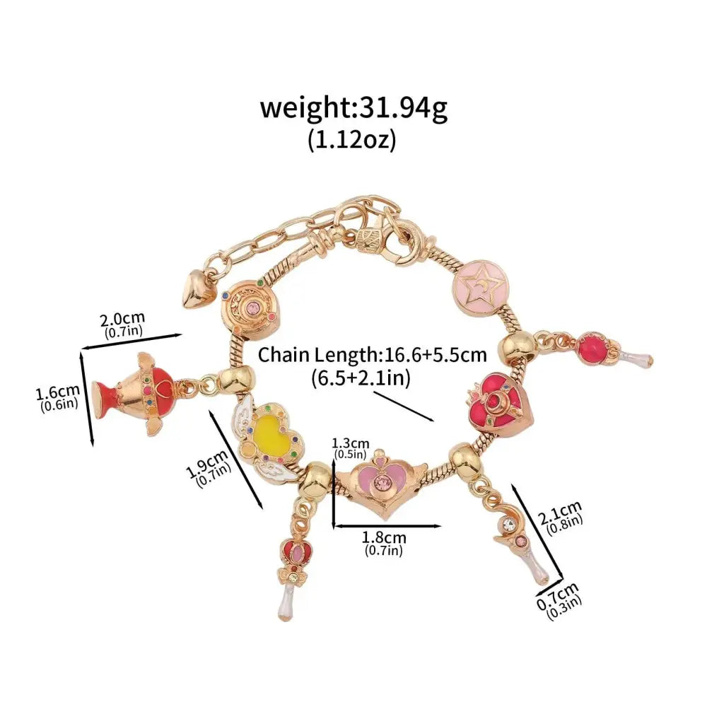 Gold-toned enamel keychain bracelet with colorful heart wand and fish charms for sailor moon cosplay jewelry accessory