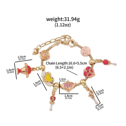 Gold-toned enamel keychain bracelet with colorful heart wand and fish charms for sailor moon cosplay jewelry accessory