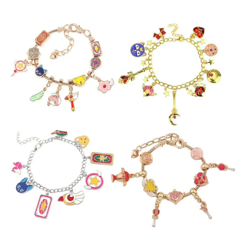 Four colorful enamel keychain charm bracelets with sailor moon usagi enamel keychain on gold, rose gold, and silver chains