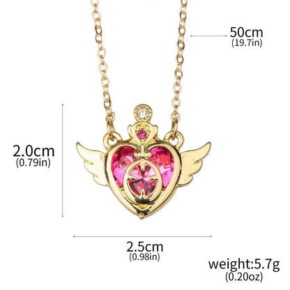 Gold-toned necklace with heart pendant and pink gemstones featuring angel wings and crystals for usagi enamel keychain cosplay jewelry