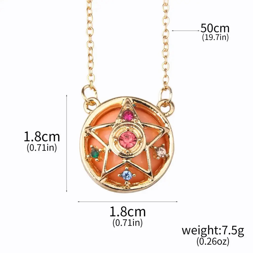 Gold-toned brooch pin with circular orange enamel keychain featuring multicolor gemstones and star-shaped design for usagi enamel keychain cosplay jewelry
