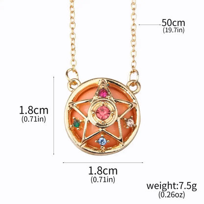 Gold-toned brooch pin with circular orange enamel keychain featuring multicolor gemstones and star-shaped design for usagi enamel keychain cosplay jewelry