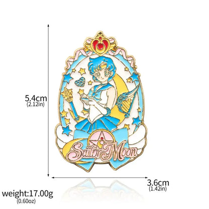 Colorful sailor moon enamel keychain featuring a brooch pin design with stars and crescent moon in an ornate frame