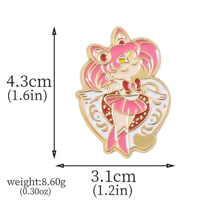 Pink and gold enamel keychain featuring a stylized sailor moon character with cat ears wings and heart design brooch pin