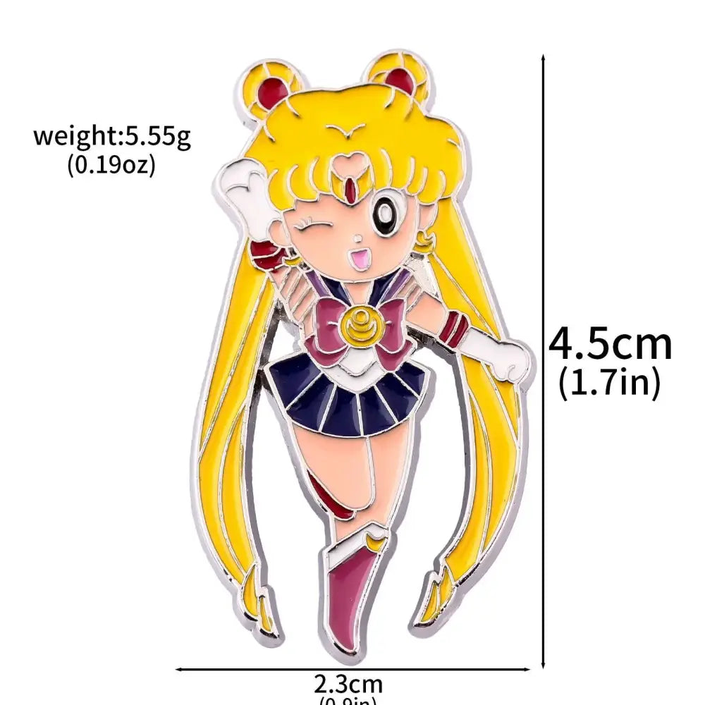 Sailor moon tsukino usagi enamel keychain with yellow hair brooch pin featuring navy outfit pink bow and gold accents