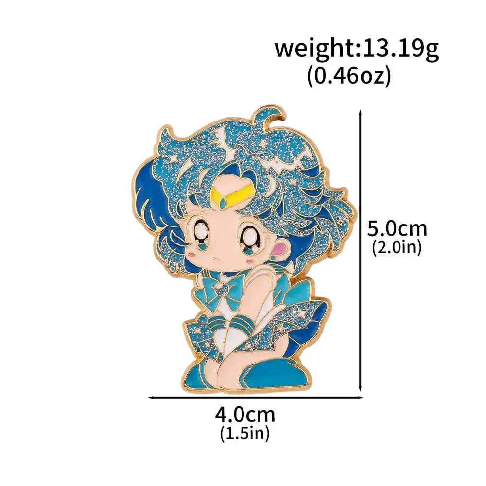 A sparkling blue and gold enamel keychain featuring a chibi sailor moon in her iconic sailor uniform with glittery hair