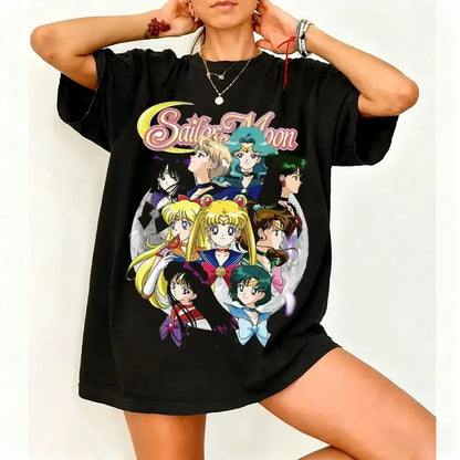 Black oversized sailor moon short sleeve t-shirt with colorful graphic on breathable cotton fabric
