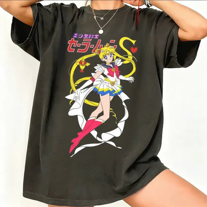 Black oversized sailor moon graphic t-shirt with breathable cotton short sleeve featuring vibrant classic pose design