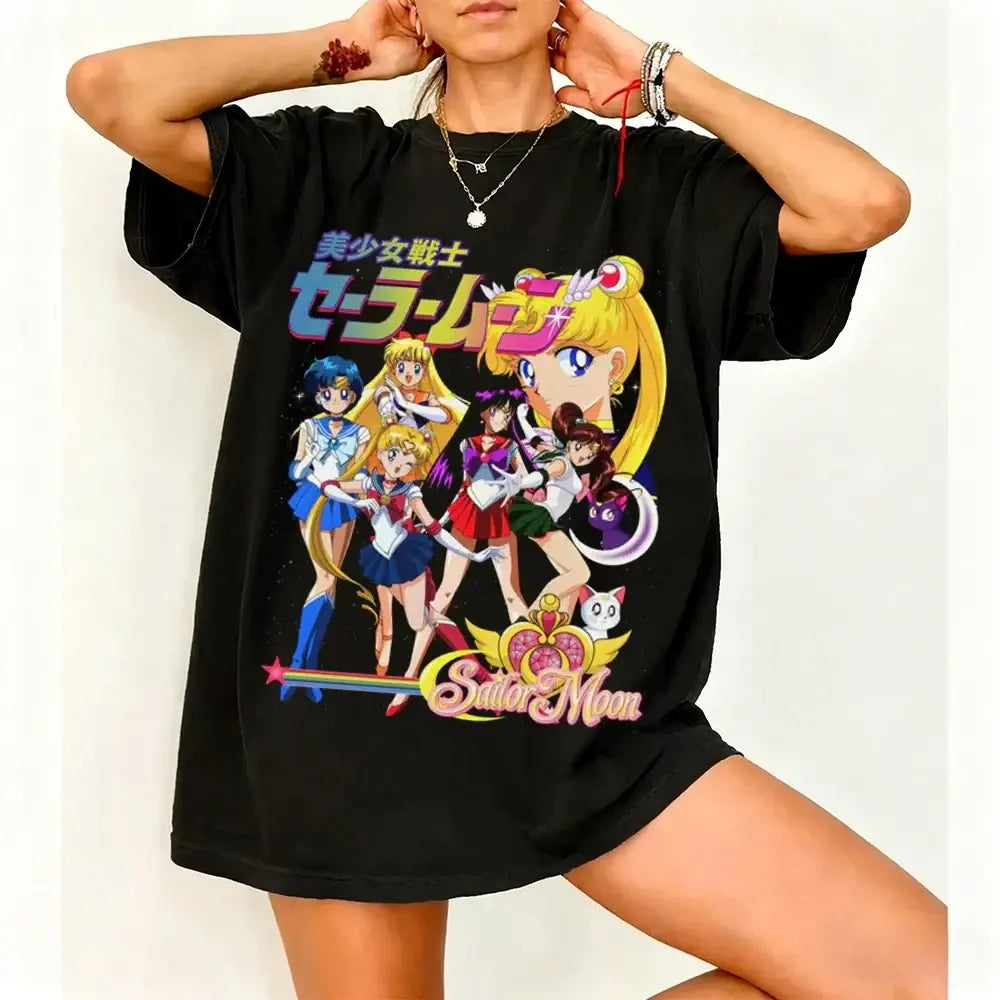 Black oversized sailor moon short sleeve t-shirt with vibrant print made of breathable cotton for casual wear