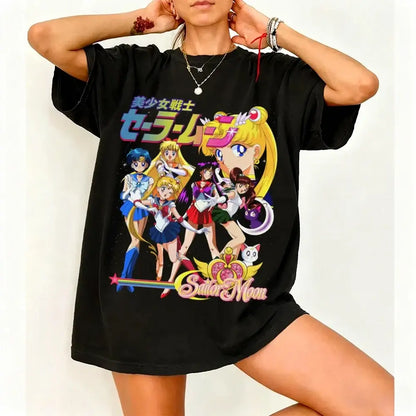 Black oversized sailor moon short sleeve t-shirt with vibrant print made of breathable cotton for casual wear
