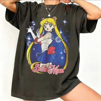 Black oversized sailor moon graphic t-shirt with breathable cotton short sleeve and vibrant starry night design