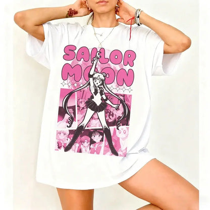 White oversized short sleeve sailor moon t-shirt with breathable cotton featuring vibrant pink and black graphic