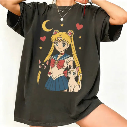 Black oversized sailor moon short sleeve t-shirt with vibrant print and breathable cotton featuring yellow crescent moon and hearts
